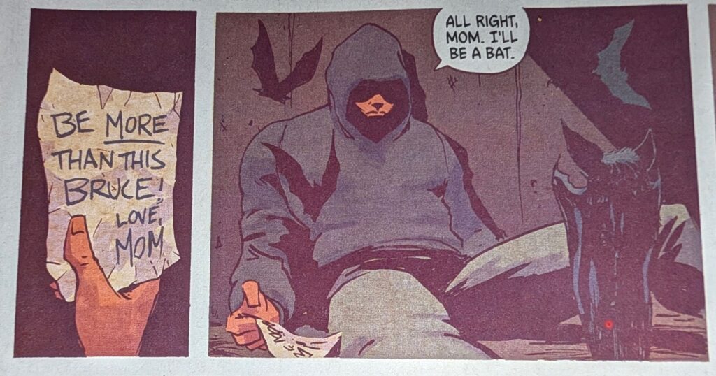 Flashback of a younger Bruce with his mother’s letter, deciding he will be a bat.