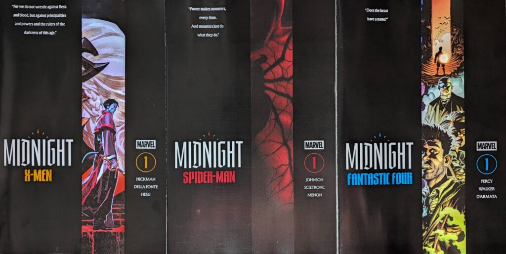 The comic book cover As of the first issues of Midnight X-Men, Midnight Spider-man, and Midnight Fantastic Four.