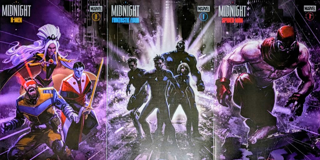 Clayton Crain connecting covers for Midnight X-Men, Midnight Fantastic Four, and Midnight Spider-man.