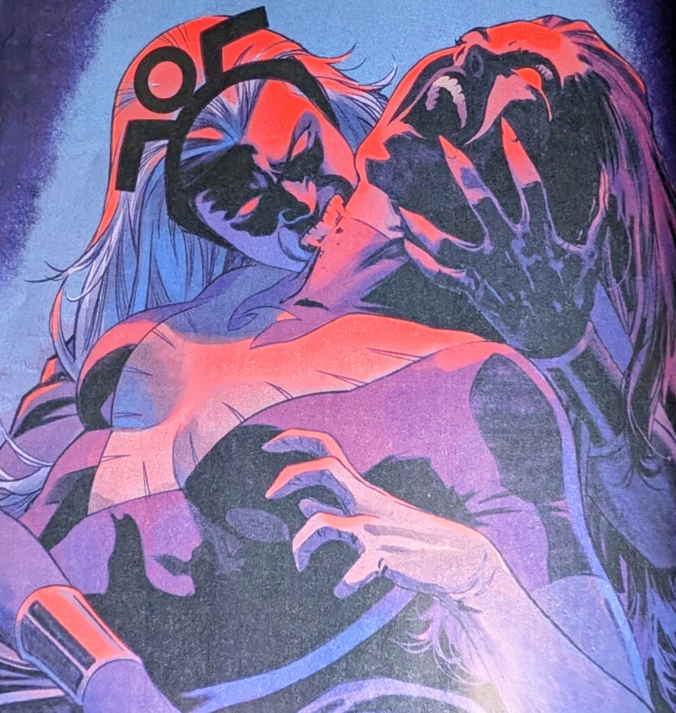 Midnight X-Men scene of a mutant vampire biting another mutant.